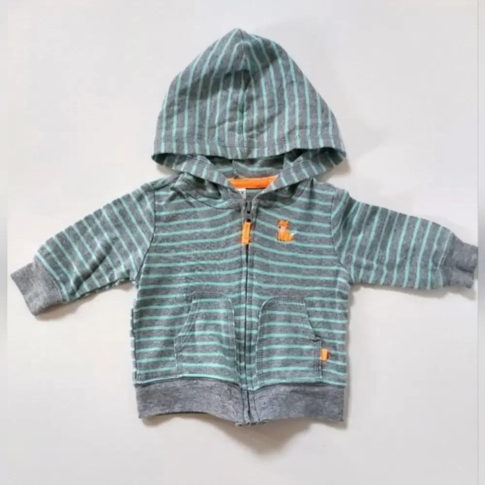 Grey and Aqua Striped Hoodie with Fox Carters‎ 3 month infant
